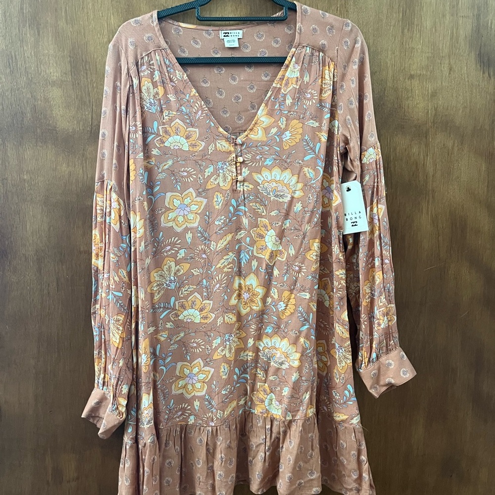 Billabong Floral V-Neck Dress in Rust and Yellow